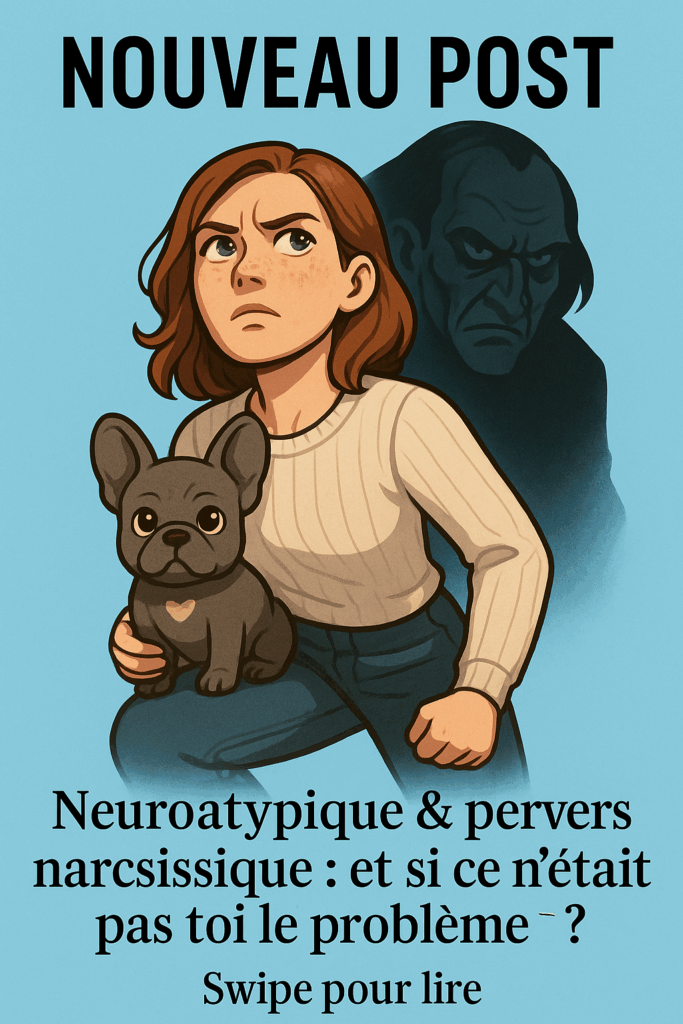 Femme neuroatypique debout avec un bouledogue, un pervers narcissique dans l’ombre