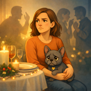 Femme assise à une table de fête tenant un petit bouledogue inquiet, silhouettes toxiques floues en arrière-plan, illustration sur les relations toxiques et l’estime de soi.