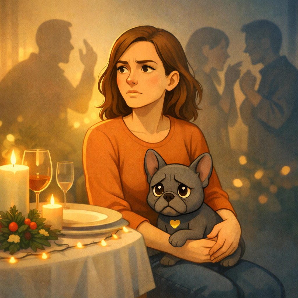 Femme assise à une table de fête tenant un petit bouledogue inquiet, silhouettes toxiques floues en arrière-plan, illustration sur les relations toxiques et l’estime de soi.