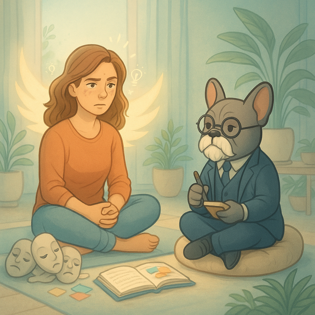 Femme multi atypique qui dépose ses masques face à un thérapeute, illustration des multi-atypies et de la suradaptation.