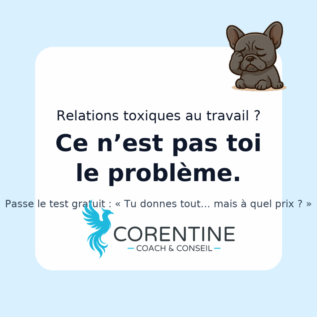 Visuel de l’article "Relations toxiques au travail : non, ce n’est pas juste du boulot", avec la phrase "Ce n’est pas toi le problème", le logo Corentine Coach & Conseil et la mascotte Raoul.